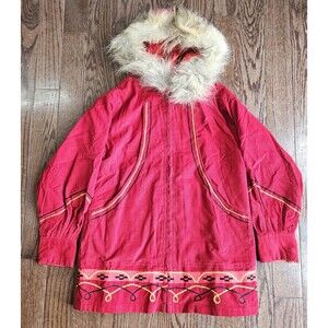 Vintage Inuit Parka Coat Womens Red Fur Trim Hood Traditional 60s 70s Corduroy